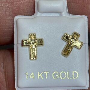 Solid Gold 14 Karat Yellow Gold Cross Earring.